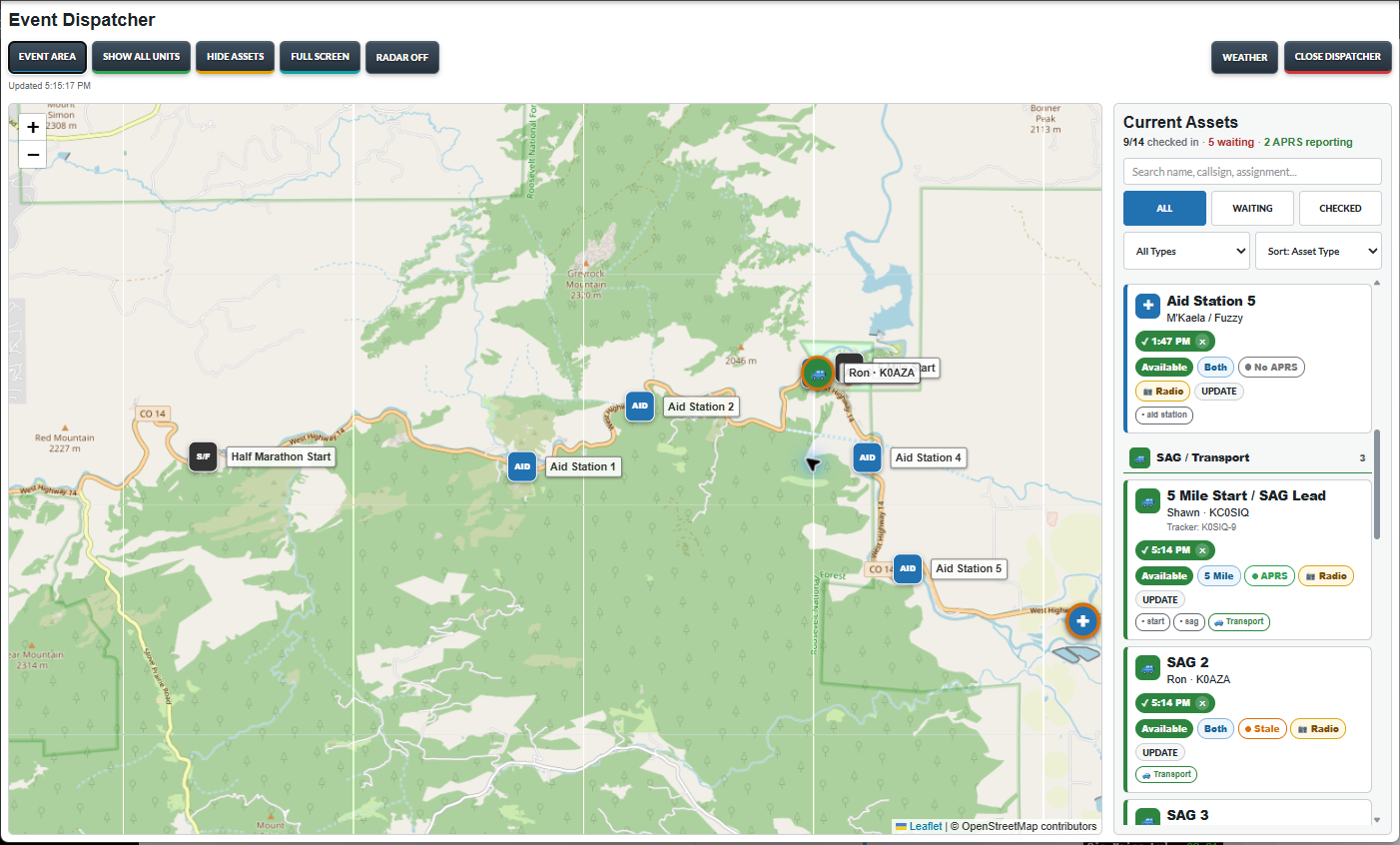 Example APRS event dashboard showing the event map and current asset sidebar