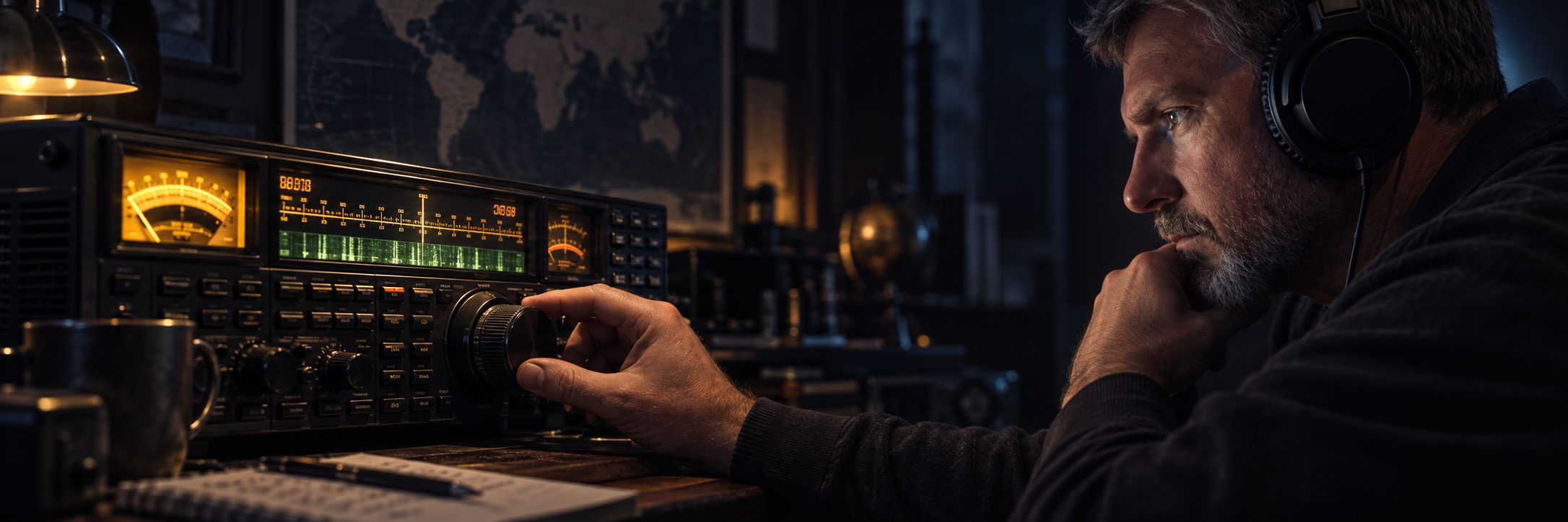 Shortwave radio listener tuning a glowing receiver at night