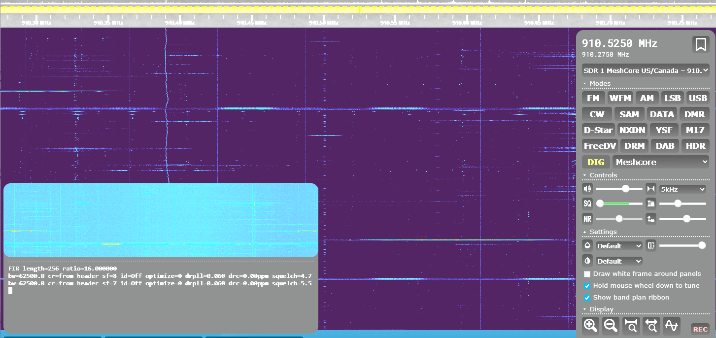 Actual K5NWZ SDR waterfall showing the quieter MeshCore capture at 910.525 MHz with sparse traffic
