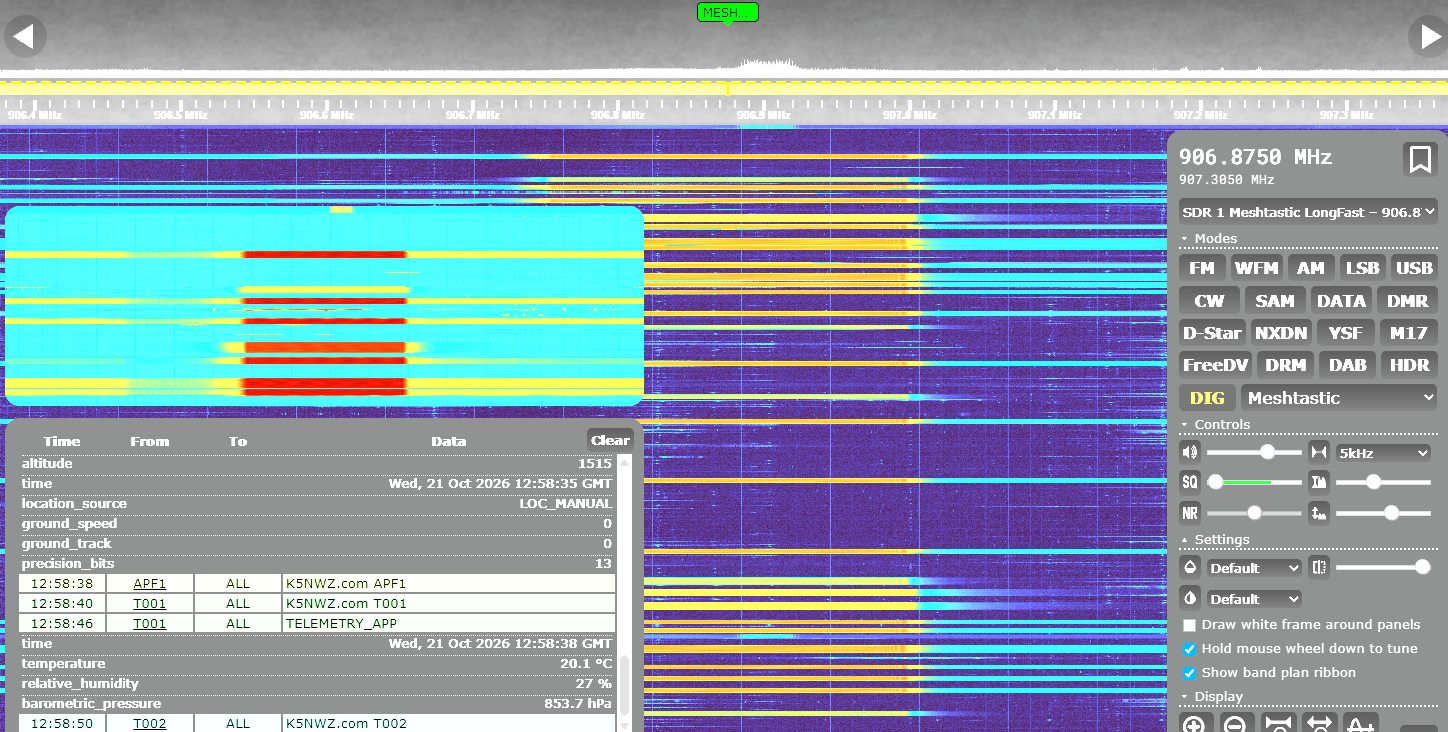 Actual K5NWZ SDR waterfall showing Meshtastic traffic at 906.875 MHz with multiple visible bursts