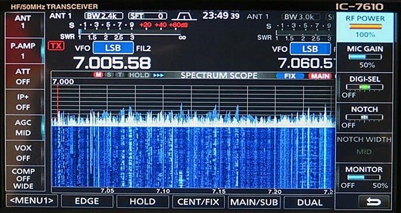 Icom IC-7610 spectrum scope and waterfall showing received signals across the band