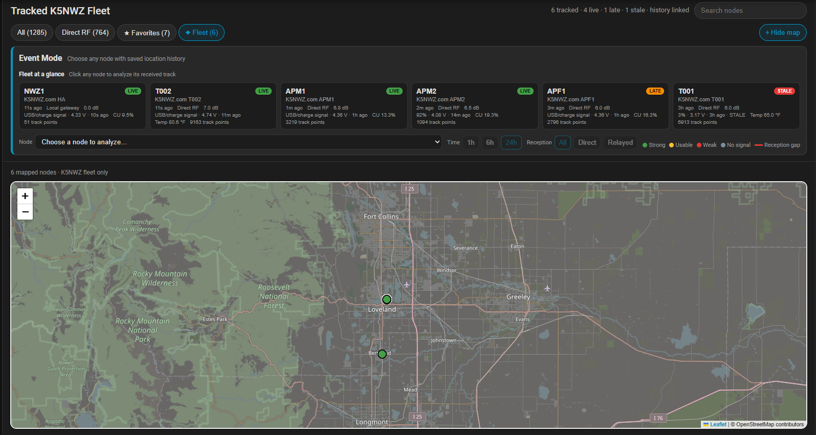 K5NWZ Home Assistant Meshtastic fleet dashboard with node status cards, event controls and Northern Colorado map