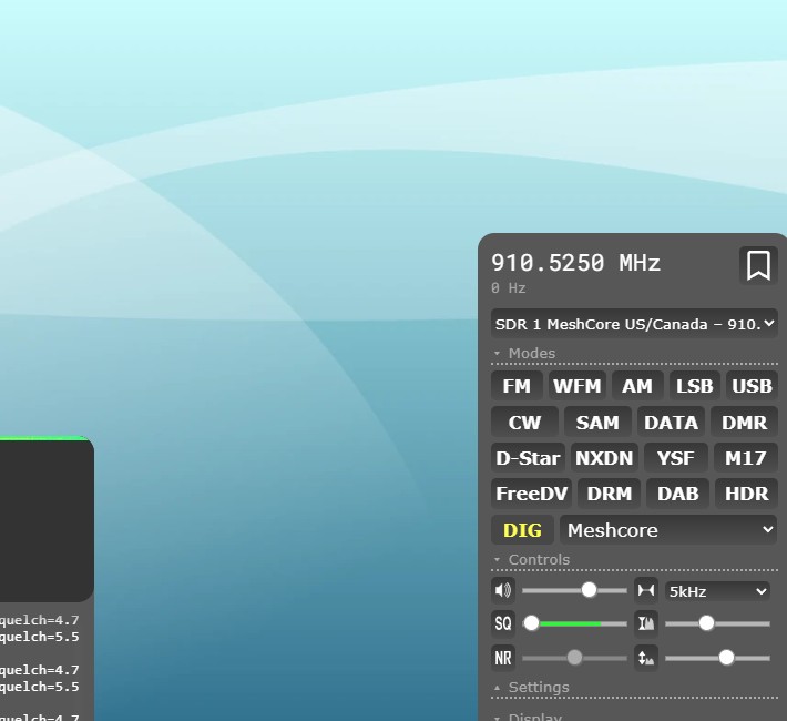 K5NWZ OpenWebRX showing the MeshCore US Canada profile at 910.525 MHz with the Meshcore decoder selected