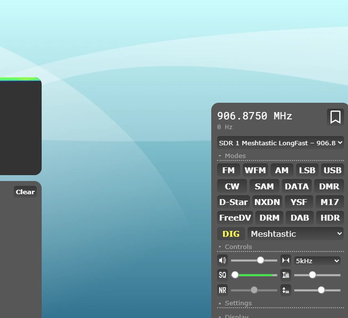 K5NWZ OpenWebRX showing the Meshtastic LongFast profile at 906.875 MHz with the Meshtastic decoder selected
