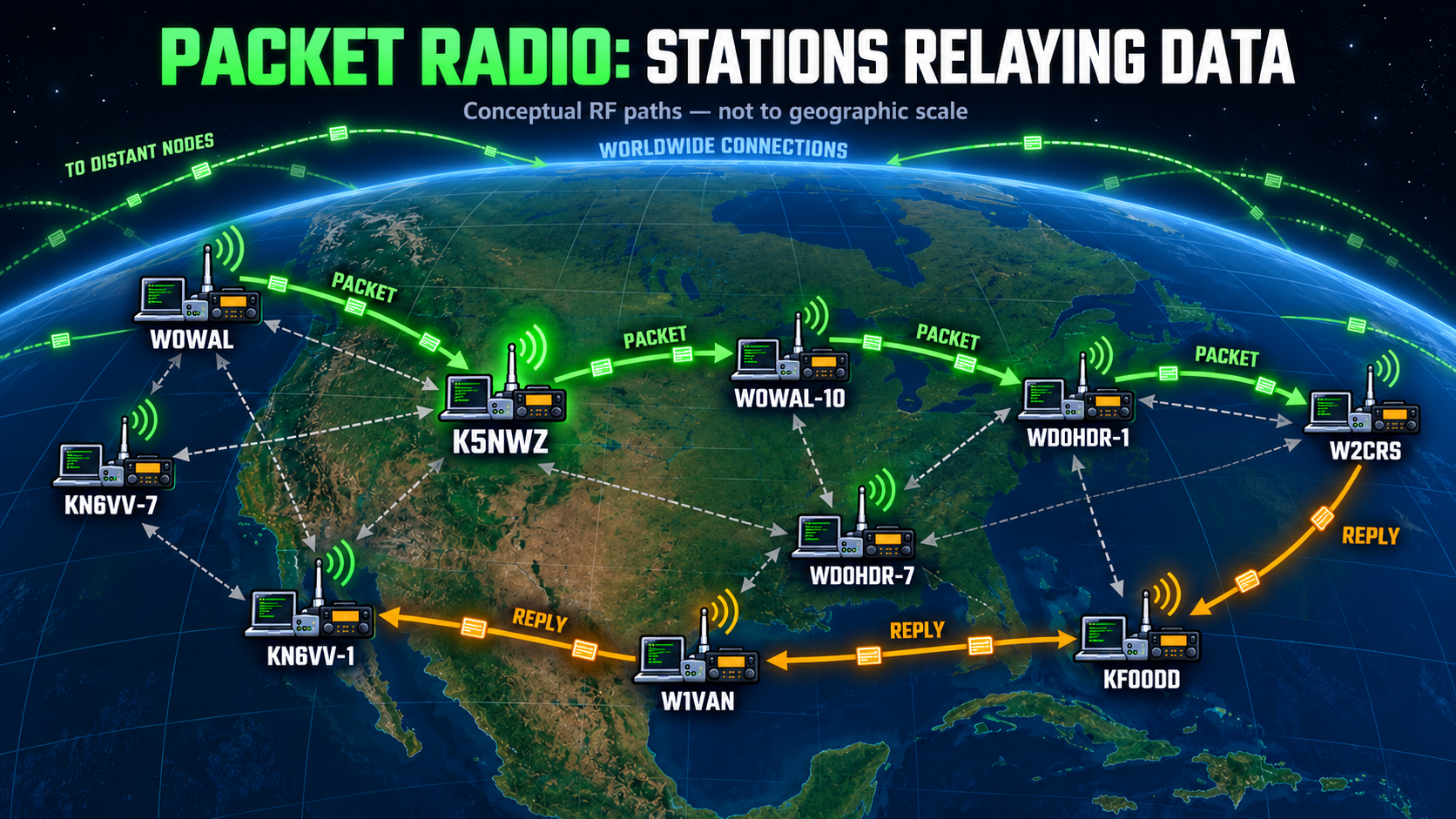Conceptual map of packet radio stations relaying AX.25 messages through local nodes and onward to distant networks
