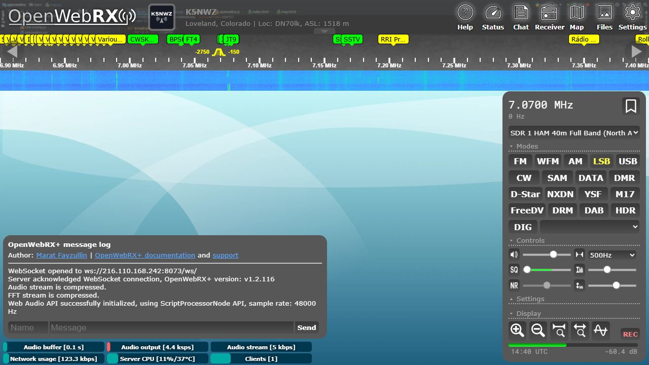 Actual K5NWZ OpenWebRX receiver tuned to the 40-meter shortwave amateur band