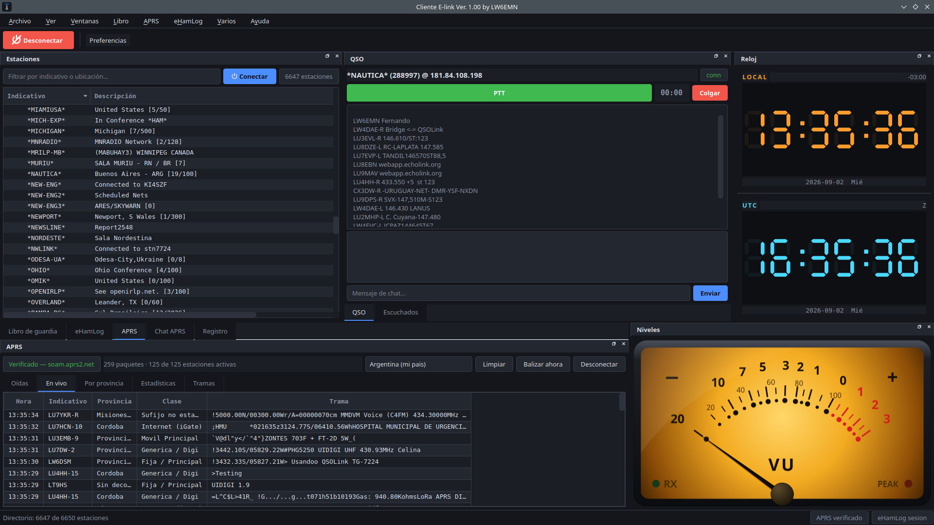 LW6EMN E-link desktop client with EchoLink, logging and APRS panels