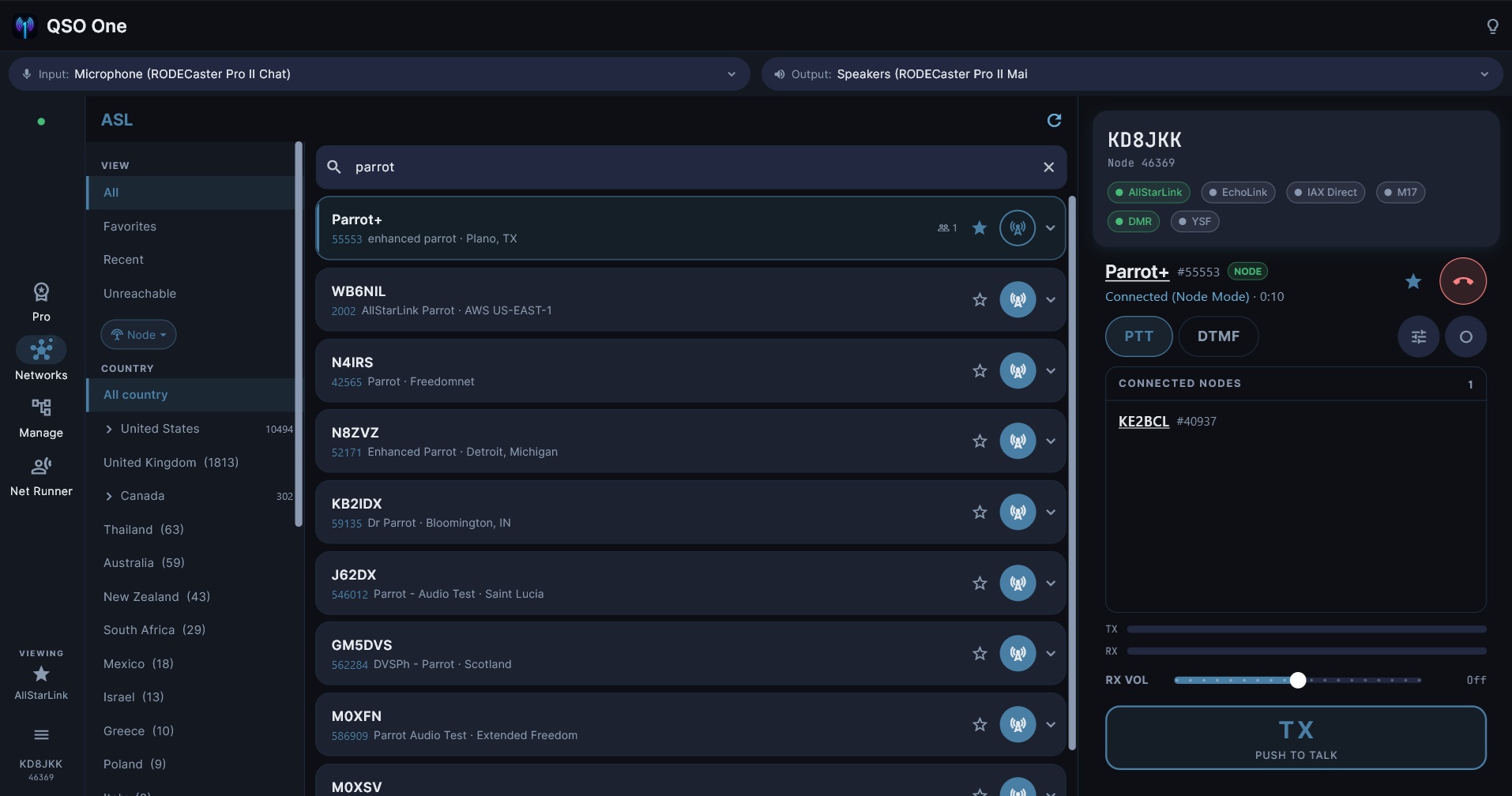 QSO One Windows application showing digital voice networks and push-to-talk controls