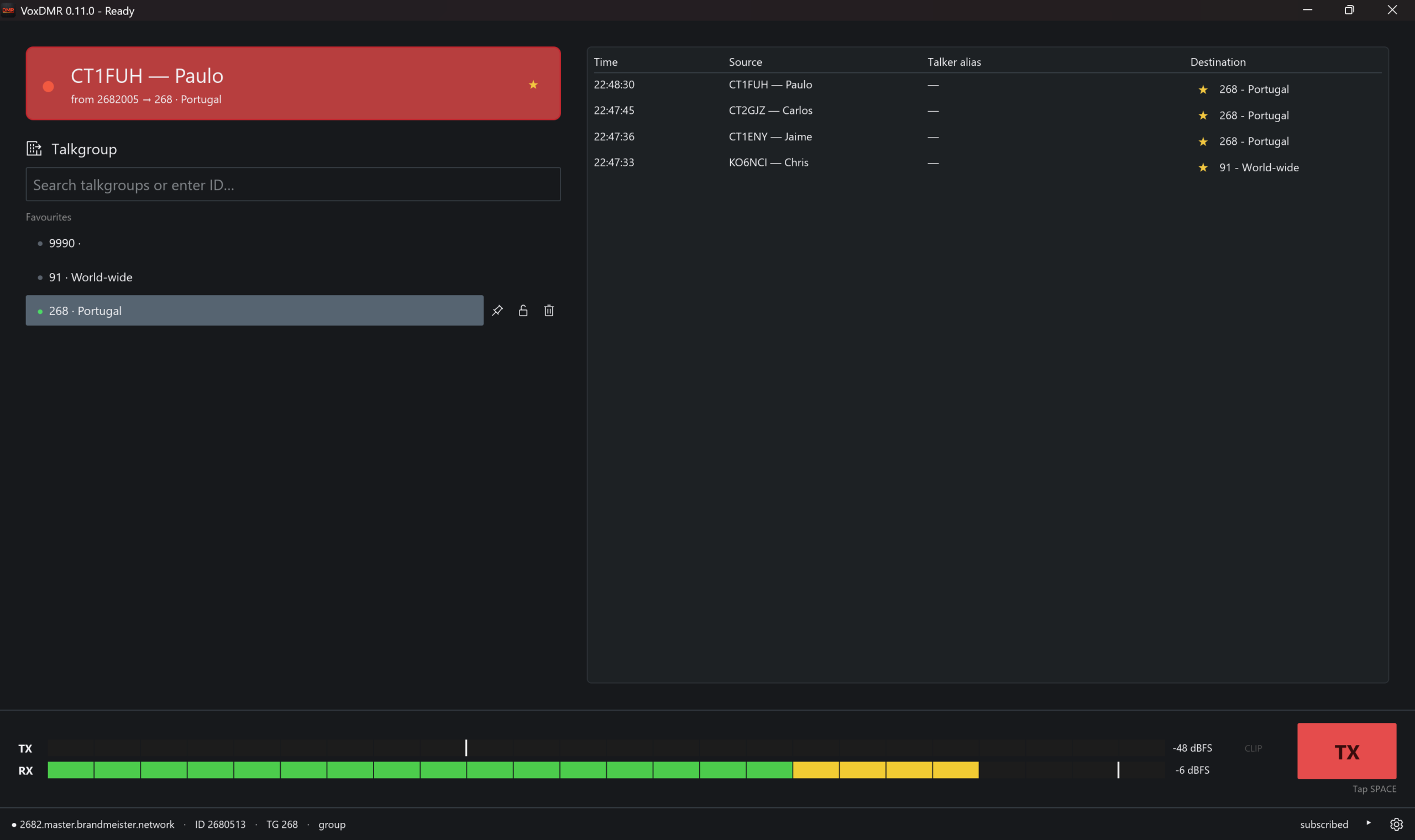 VoxDMR desktop application receiving a DMR talkgroup